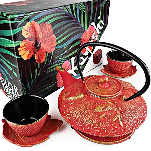 KIYOSHI Luxury Japanisches Teeservice Red Koi Gusseisen Teekanne mit 2 Teetassen, Untertassen, losen Blättern Tee-Ei und Teekannen-Untersetzer Zeremonielles Matcha-Zubehör Eisen-Jahrestag Geschenke