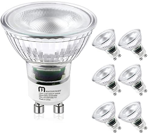 MASTERY MART LED GU10 Spotlight Light Bulbs, 50 Watt Equivalent, 5.5W Dimmable, Full Glass Cover Reflector, 5000K Daylight, 25000 Hours, UL Listed, Energy Star (Pack of 6)