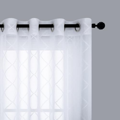 KOUFALL White Sheer Curtains 84 Inches Long, Modern Design Patterned Curtains for Living Room, Cortinas Blancas para Sala Modernas 2025, Grommet Embroidered Curtains for Bedroom 2 Panel Set
