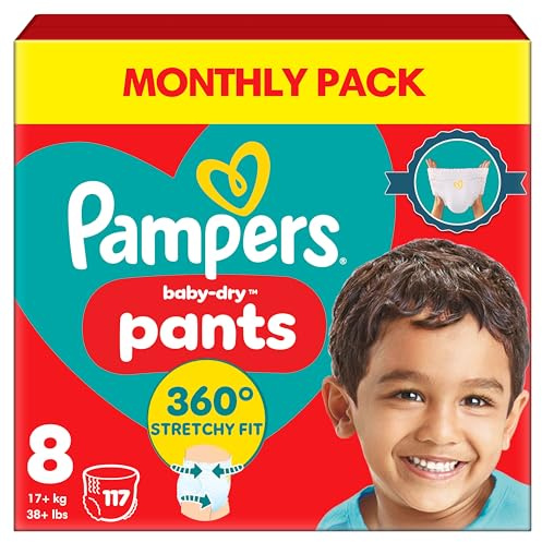 Pampers Baby-Dry Nappy Pants Size 8, 117 Nappies, 17kg+, Monthly Pack, 360° Fit To Help Prevent Gaps And Leaks