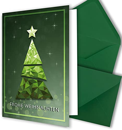 5x XL Weihnachtskarten-Set DIN A5 mit grünem Weihnachtsbaum in Glasmosaik-Optik - Faltkarten mit passenden Umschlägen DIN C5 Dunkelgrün mit Nassklebung - Weihnachtsgrüße für Firmen und Privat