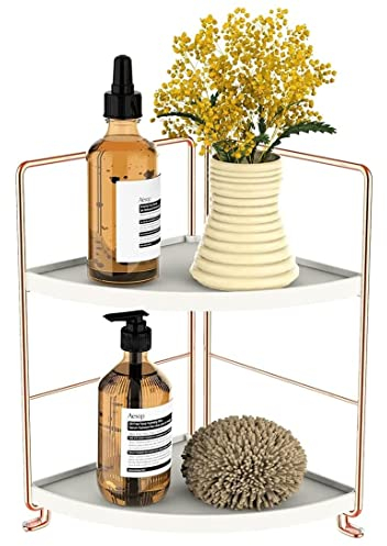 Koksi Organiseur d'angle à 2 niveaux pour salle de bain, cuisine, toilettes, chambre, maquillage, cosmétiques, comptoir (blanc et or rose)