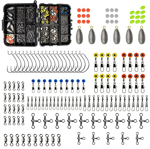 Fishdream Angelzubehör Set – 160-teiliges Kleinteile Komplettset inkl. kompakter Tackle Box – Mit Offset-Haken, Angelblei, Wirbeln & Perlen – Angelbox für Forelle, Barsch & Zander