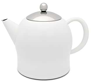 Doppelwandige Teekanne 1.4 Liter ohne Filter - isolierende matt weiße Edelstahl Kanne - Teebereiter für längeren Teegenuss