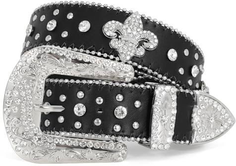 WERFORU Strass Nietengürtel für Damen Männer Western Ledergürtel für Cowgirl Cowboy Vintage Bling Gürtel für Hosen Kleid