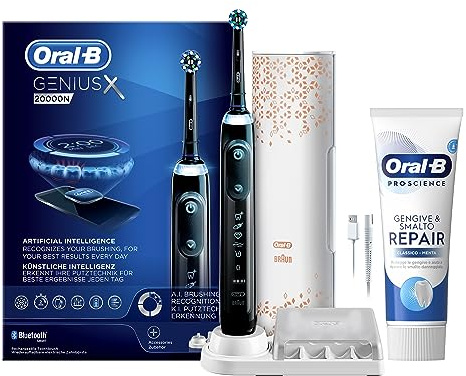 Oral-B Spazzolino Elettrico Ricaricabile Genius X Nero con Intelligenza Artificiale, 1 Testina, 1 Custodia Da Viaggio + 1 Dentifricio Oral-B Gengive & Smalto Repair Classico-Menta 75ml