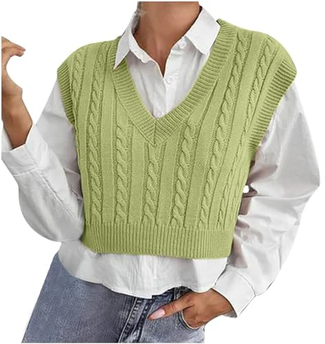 Pull sans manches à col en V pour femme - Pull court en tricot torsadé - Débardeur tricoté basique - Pull vintage - Pull décontracté pour femme, Vert 01, L