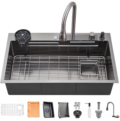 TULAZOU Fregadero de cocina, gris oscuro 304 fregadero de acero inoxidable,86x50cm fregadero de cocina cascada, fregadero multifuncional con múltiples accesorios (86x50cm)