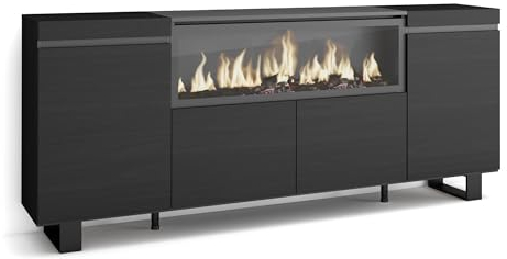 Skraut Home | Aparadores para salón | Gran Capacidad de almacenaje | 210 | 4 Puertas | Chimenea eléctrica XXL | Diseño Industrial | Estilo Moderno | Negro