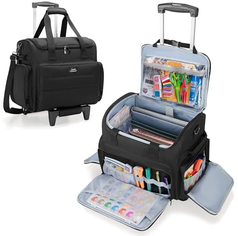CURMIO Scrapbook Tasche mit Rädern, Rolling Handarbeitstasche, Schwarz | Abnehmbarem Trolley & Schultergurt, Erweiterbarer Aktenordner Fach, Laptopfach, für Scrapbooking/ Papier/ Kleber/ Klebeband