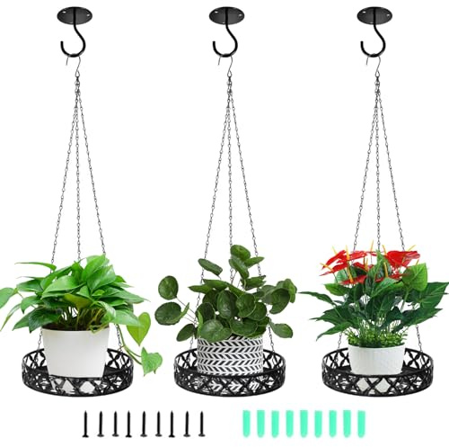 BigKing Hanging Flower Pot, 3 Pcs Black Durable Iron Material, Modern Plant Hanging Flower Basket Rack for Balcony Porch Garden Home Decoration