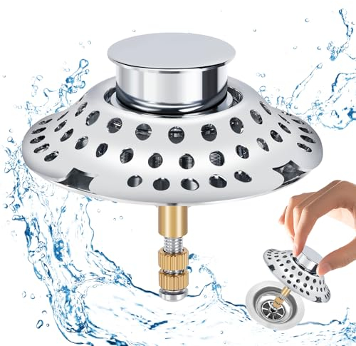 Auauraintt tappo per vasca 2 in 1 con filtro per capelli, con design di filtrazione, filtro di scarico per vasca da bagno, tappo per vasca regolabile in altezza in ottone