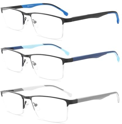 MODFANS 3-pack läsglasögon för män, glasögon mot blått ljus, metall rostfritt stål, lätt, klar syn, med fodral