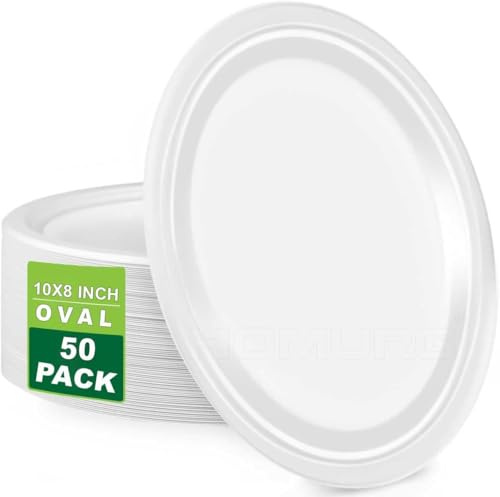 50 PACK 10x 8 Strong Disposable Bagasse Plates Oval USED for HOT & COLD FOODS Ecofriendly Party Plates, Microwave Safe, Large Disposable Plates, Strong Dinner Plates, STRONG LUNCH PARTY PLATES