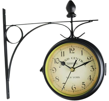 Fenteer Doppelseitige Bahnhofsuhr, Gartenuhr Stumm mit dekorativer Wandhalterung, Wandmontage, Wanduhr für Terrasse, Outdoor, Café, Zuhause