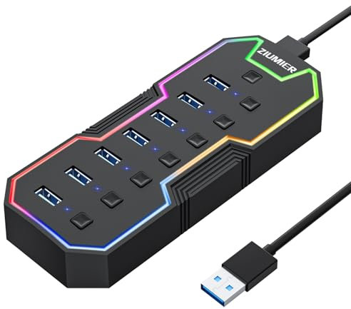 ZIUMIER Hub USB 3.0, espansore USB a 7 porte con striscia LED RGB per MacBook, Mac Pro, Mac mini, iMac, Surface Pro, XPS, PC, unità flash, HDD mobile