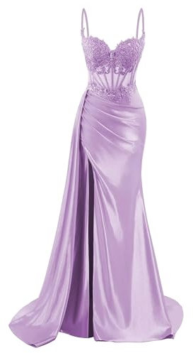 HPPEE Vestiti da Ballo in Raso con Spalline Sottili da Donna con Spacco e Applique in Pizzo, Modello Sirena, Abito da Festa Formale, Lilla, 58 Più