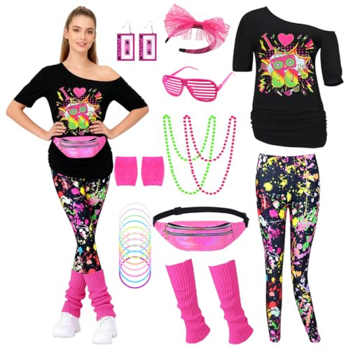 Miulruma 80er Jahre Damen Kostüm Set 80er Jahre Outfit T Shirt, 80er Artistic Leggings,Ohrring, Halskette,Bauchtasche Retro 80 Jahre Outfit Party Accessoires für Karneval Kleidung Fraun Mädchen 036-L