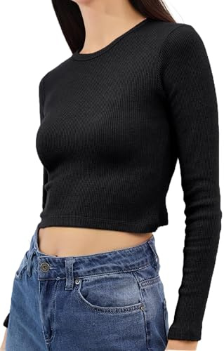 Re Tech UK - Womens Cotton Ribbed Long Sleeve Crop Top - Crop Tops for Women - Everyday Casual Wear or Gym - Dress it Under for The Winter and Over in The Summer, Y2K, (Blk S)