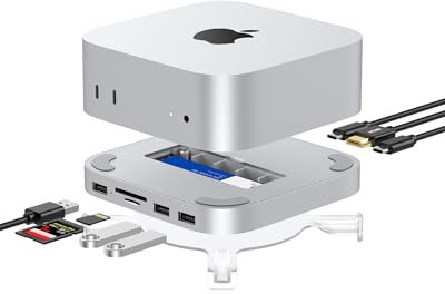 Gewokliy Mac Mini M4 Dock, Aluminium Mac Mini Hub and Stand for M4 and M4 Pro 2024 with M.2 NVMe SSD Enclosure, 4K HDMI, Dual USB-A 10Gbps, SD/TF Card Readers, USB 2.0 │Accessories