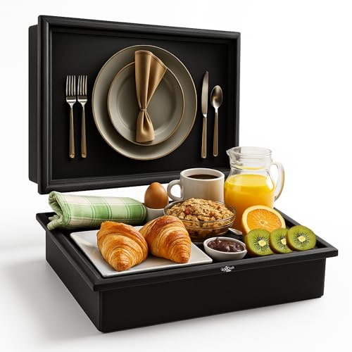 LuxeCraft - Vassoio da grembo con cuscino a sacco, in legno morbido, imbottito, con cuscino per mangiare, bere e computer portatile, ideale per colazione, cena, spuntini | comodo, portatile con design