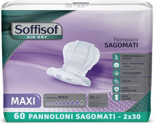 Soffisof Air Dry Pannoloni Sagomati Maxi - 60x Pannoloni per Anziani - 2 Confezioni da 30 Pezzi, Assorbenza fino a 9 Gocce - Ausili Incontinenza Uomo e Donna