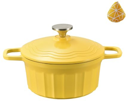 Emaille Schmortopf Aluguss 360° Wärmeleitung: Backofengeeignet Antihaft Brattopf Kitchen Topf für Alle Herdarten Ideal zum Brotbacken Schmoren Braten (Gelb, 25cm)