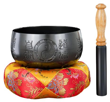 Luwecf Cuenco Tibetano para Meditación con Mazo y Diseño en Bronce, Negro