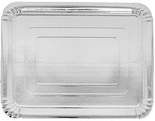 Monouso | 100 Bandeja de Cartón Plateada 22×28 cm | Rectangular Compacta | Resistente al Aceite y Calor | Ideal para Degustaciones y Catering | Pack de 100 Unidades