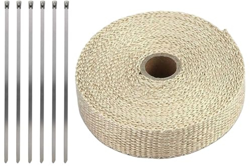 LKRXW Bande Thermique Échappement Fibre de Verre Ruban Collecteur d'échappement de Moto Tuyeau Isolant Thermique Protection Voiture Isolante Beige 2,5CM X 10M avec 6 Attaches