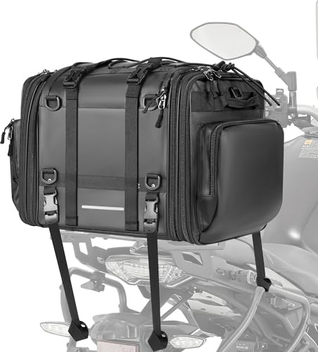 LOKASS Borsa Moto Posteriore 40L-60L Espandibile – Borsa da Sella Moto Impermeabile in PU con Cinghie per Schienale e Copertura Antipioggia, Valigia Motos da Viaggio per Touring e Lungo Tragitto