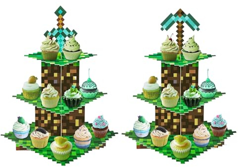Cupcake-Ständer mit 3 Etagen, mit Schwert und Pfeil, Papp-Desserthalter für Fans, Geburtstag, Gamer-Mottoparty-Zubehör, kreative gestufte Serviertablett-Dekorationen (grün), 2 Stück