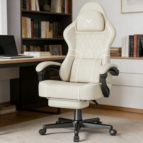Soontrans Silla Gaming con Cojín Lumbar Masajeador, Silla Gamer con Reposacabezas, Reposapiés, Cadeira Gaming, Cuero sintético, Sillas Gaming Altura Ajustable para Juegos, 136kg(Blanco&Mate)