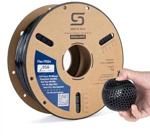 Siraya Tech Flex Rebound PEBA 95A svart – mycket elastisk PEBA 3D-tryckfilament, flexibel, slagtålig för sportutrustning, bärbara och dynamiska delar (1 kg, svart)