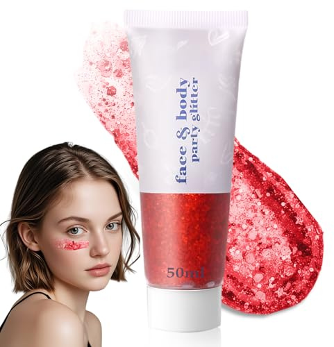 Gel Glitter Corpo e Viso 50ml, Paillettes Chunky, Glitter Make Up per Capelli, Occhi, Labbra, Unghie, per Festival, Feste in Maschera, Compleanni, Rosso