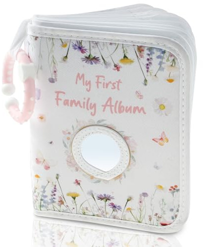 Baby Photo Album Soft Book with Hook Mirror, Babys First Photo Album Hold 17 6x4 Photos Present, My First Photo Book for Family Newborns, Baby Memory Books