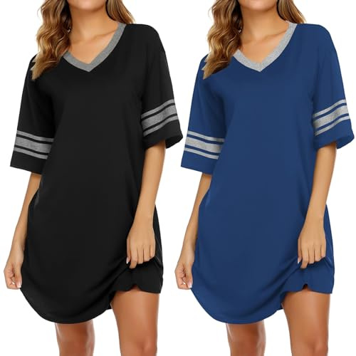 Ekouaer Nightgowns for Women 2 Pack Night Shirts Short Sleeve Sleapwear Soft Sleep Dress Maternity NightDress, S-XXL,Black+navy,M