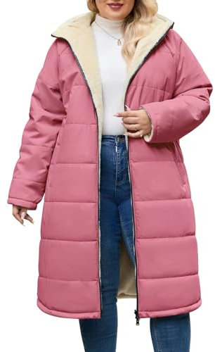 CMTOP Abrigos Mujer Invierno Largo Talla Grande, Resistente al Viento Cálido Chaqueta Reversible Abrigo, Abrigada Parka Abrigo Acolchado con Capucha y Cremallera(Rosa oscuro,XL)