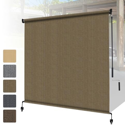 Shade&Beyond Patio Shades Roll Up Outdoor Roller Shade with Spliced Design, 5' W x 6' H Cordless Outside Blinds Privacy Screen for Pergola Porch Balcony, Coffee Brown