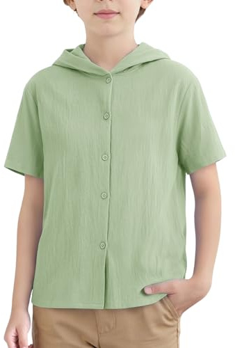 Boys Linen Hoodie Shirts Kids Short Sleeve Tshirts Button Down Hooded Shirt Summer Casual Tops Trendy Vacation Tees Green 6 Years 7 Years