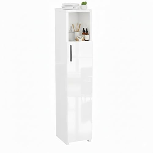 ComfortCove Badschrank Schmal, Badezimmerschrank, Hochglanz Weiß | Freistehender Aufbewahrungsschrank, Regal für Bad, Küche und Wohnzimmer
