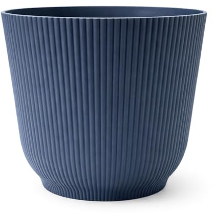 Large Plant Pot with Drainage Tray | Ribbed Planter for Indoor Houseplants & Outdoor Patio | Modern Round Flowerpot for Garden, Small Trees, Home Decor (Blue, 30cm ⌀ x 28cm high)