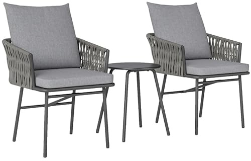 Anself 3-TLG. Rattan Bistroset, Sitzgruppe, Gartengarnitur mit 2 Gartensesseln, Couchtisch, abnehmbar Kissen, Balkonmöbel-Set für Garten, Terrasse, Stahl, Grau
