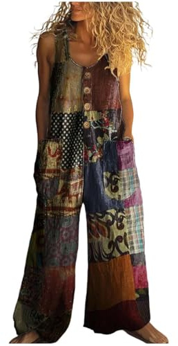 Udbeksid Salopette Donna Estiva, Tuta Intera Elegante Lino e Cotone Stampa Boho Chic, Jumpsuit Senza Maniche Baggy a Gamba Larga, Tute Comoda con Tasche per Mare Vacanze e Tempo Libero