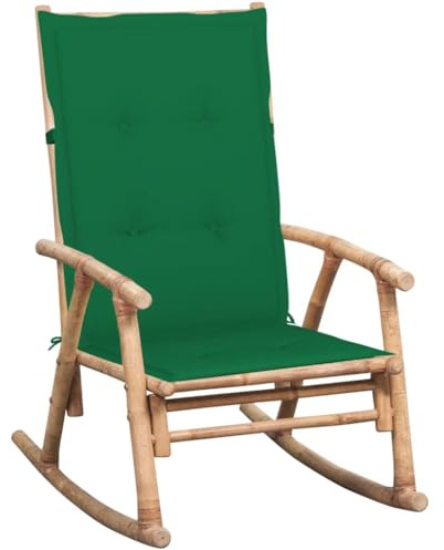 Kaorsrow Sedia a dondolo in bambù con cuscino verde e cuscino, poltrona relax per giardino, terrazza e soggiorno, stabile poltrona in bambù per esterni e interni, 66 x 86 x 105 cm