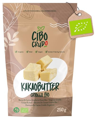 Cibocrudo Burro di Cacao Alimentare Puro in Pezzi Biologico, Qualità Criollo, Provenienza Perù, Burro di Cacao per Dolci, Ottimo per Creme Fatte in Casa Corpo, Viso e Labbra, 250g