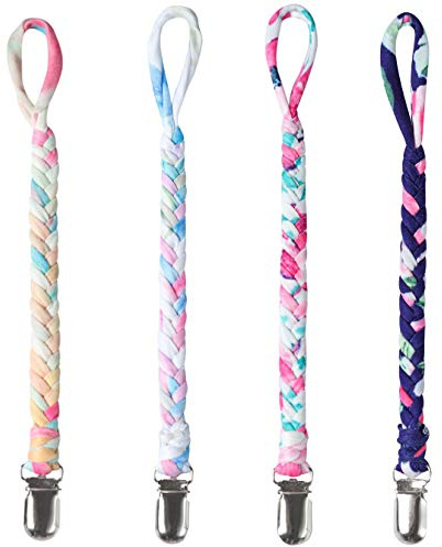 Onwon 4 Pieces Pacifier Clips for Infant Boys and Girls Universal Pacifier Holder Hand-Made Braided Soothie Leash for All Pacifiers Teething Drool Bibs (Gray, Yellow, White, Blue)