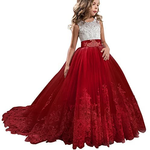 TTYAOVO Vestito da Principessa Bambina Ragazze Vestito Elegante Abiti da Sposa Tulle a Strati da Principessa Taglia170 (14-15 Anni) 406 Rosso