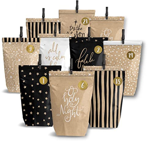 Papierdrachen Adventskalender 2025 zum Befüllen - Motiv Holy Night - 24 braune bedruckte Geschenktüten mit Zahlenaufklebern & Klammern - Weihnachten