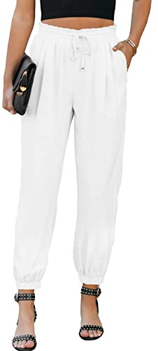 EVALESS Womens White Work Pants 2025 Summer Trendy Drawstring Elastic High Waisted ﻿Trousers Business Casual Teacher Pants Fashion Loose Comfy Harem Joggers Pants with Pockets X-Large